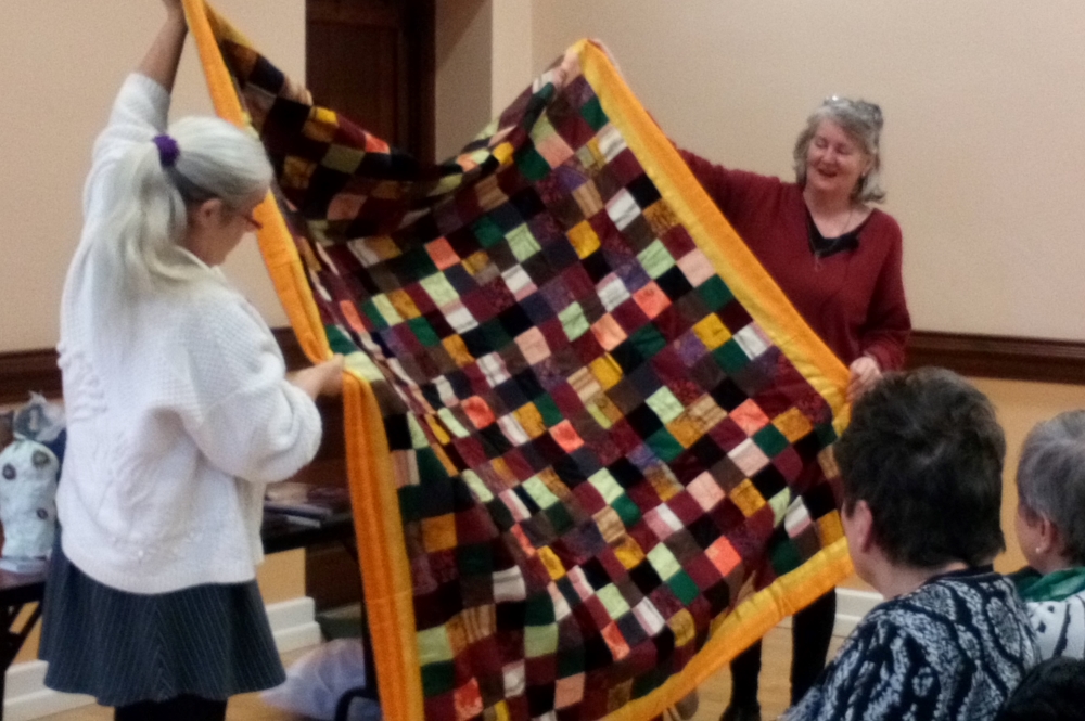 Helen O'Shea's first quilt made from waste curtain fabrics.